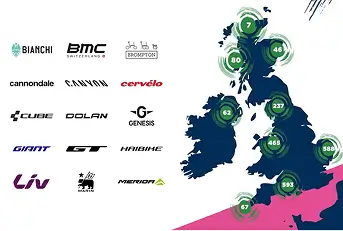 Cycling brand logos for Bianchi, BMC Switzerland, Brompton, Cannondale, Canyon, Cervélo, Cube, 
                Dolan, Genesis, Giant, GT, Haibike, Liv, Marin, and Merida, next to a graphic map showing participating 
                cycling retailers in locations throughout mainland UK and Northern Ireland.