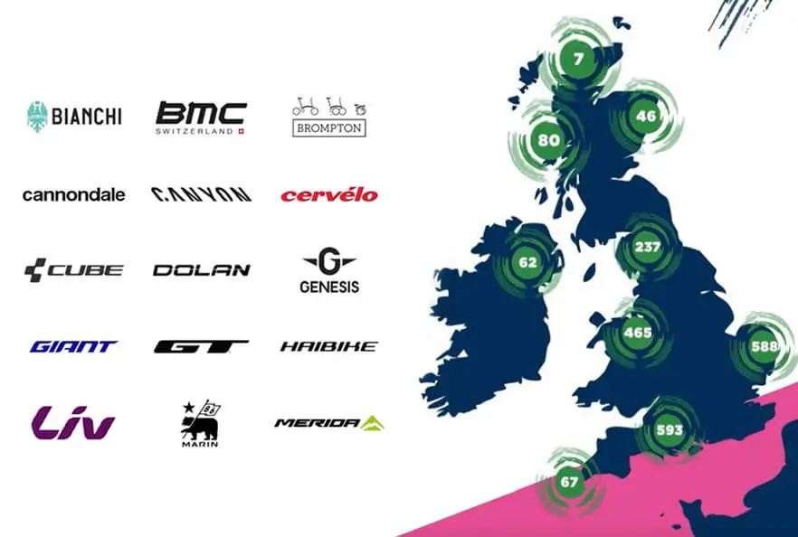 Cycling brand logos for Bianchi, BMC Switzerland, Brompton, Cannondale, Canyon, Cervélo, Cube, 
                Dolan, Genesis, Giant, GT, Haibike, Liv, Marin, and Merida, next to a graphic map showing participating 
                cycling retailers in locations throughout mainland UK and Northern Ireland.